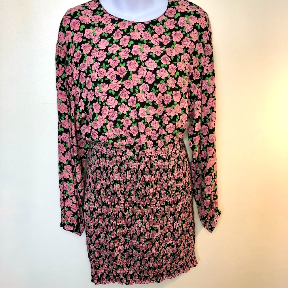 Zara Floral Pink Rose Long Sleeve Ruched Skirt Cocktail Dress Size L